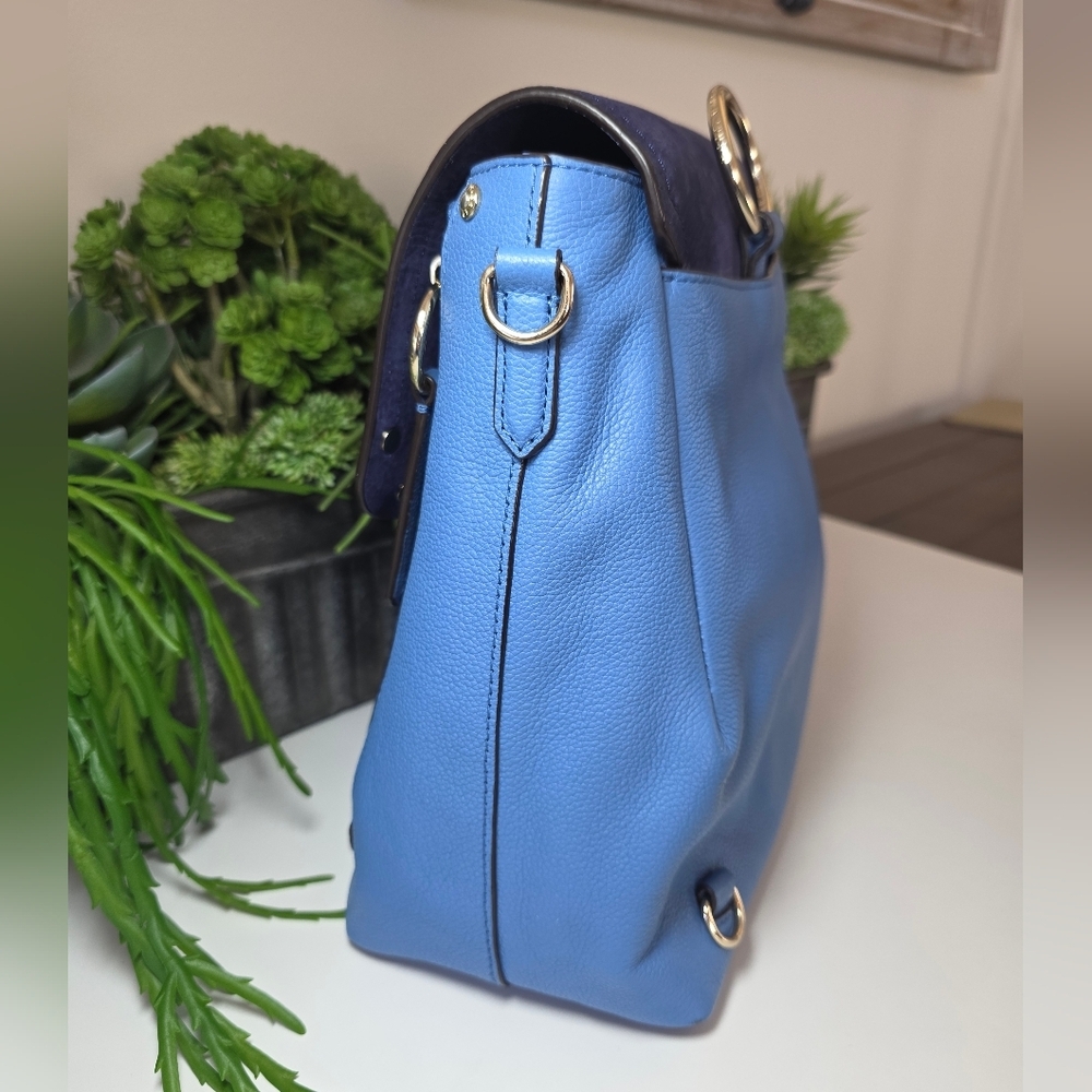 Henri Bendel Convertable Backpack In Pebble Grain Leather Periwinkle-Navy Suede - Picture 6 of 14